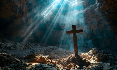 cross in a cave in the rays of sun and dust, Generative AI