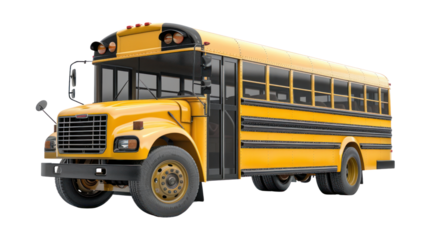 yellow school bus isolated on transparent and white background.PNG image