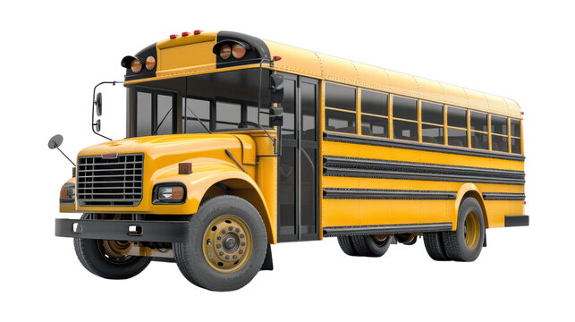 yellow school bus isolated on transparent and white background.PNG image