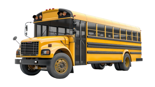 yellow school bus isolated on transparent and white background.PNG image
