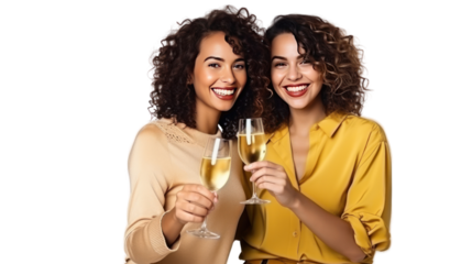 two happy friends bringing champagne isolated on transparent and white background.PNG image