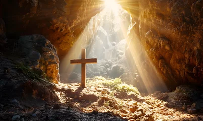  cross in a cave in the rays of sun and dust, Generative AI © simba kim