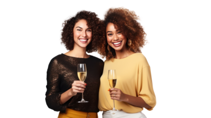 two happy friends bringing champagne isolated on transparent and white background.PNG image