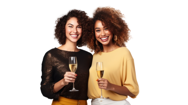 two happy friends bringing champagne isolated on transparent and white background.PNG image