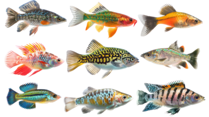 Tropical fish collection isolated on transparent and white background.PNG image