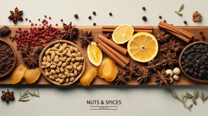 Assorted spices and citrus on rustic wooden board for culinary concept - 742527302