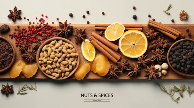 Assorted spices and citrus on rustic wooden board for culinary concept