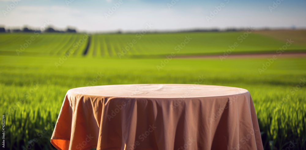 Poster empty round table with brown tablecloth on green field blurred background. high quality photo