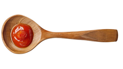 tomato sauce ketchup in wooden ladle  isolated on transparent and white background.PNG image
