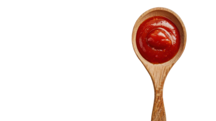 tomato sauce ketchup in wooden ladle  isolated on transparent and white background.PNG image