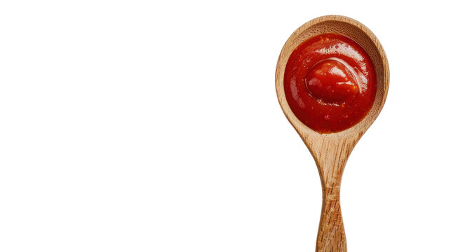 tomato sauce ketchup in wooden ladle  isolated on transparent and white background.PNG image