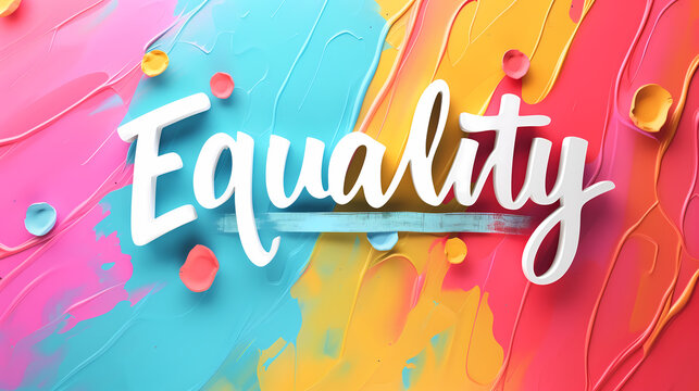 Inspirational calligraphic quote overlay on a colorful background for the Women's Day social media campaign. Vivid abstract colorful painted background with a word "Equality" in the center.
