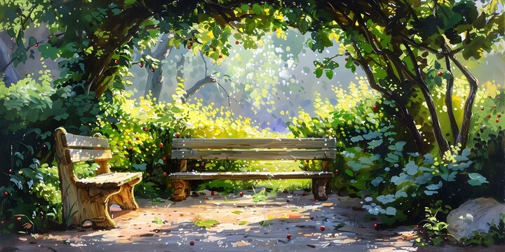 Tranquil garden scene with mulberry tree shade extending over peaceful bench. Concept Garden Photography, Mulberry Tree, Peaceful Bench, Tranquil Setting, Nature Portrait