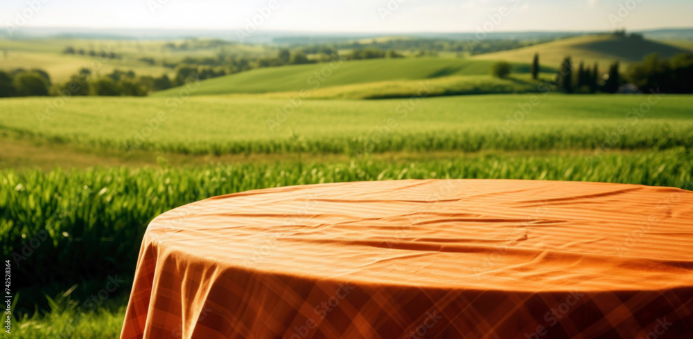 Poster empty round table and brown tablecloth on green field background. high quality photo