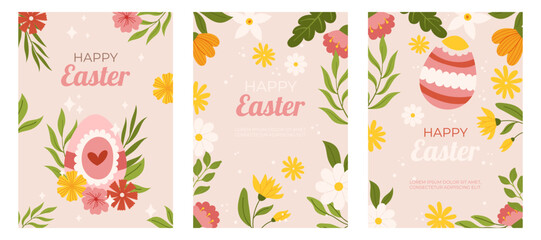 Easter collection of vertical greeting cards template. Design with flowers and painted eggs. Hand drawn flat vector illustration.