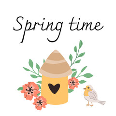 Spring greeting card with lettering spring time and robin bird with flowers. Vector illustration can used for postcard, greeting card, label, poster. 