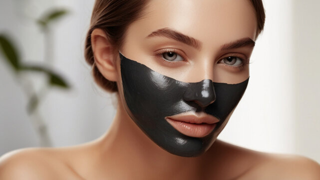 Gorgeous young woman with charcoal mask on her face, for unclogging pores and absorbing environmental pollutants, oil, and dirt from the skin.