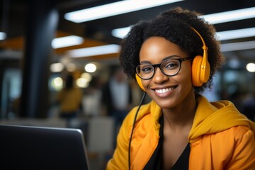 Young african woman, call center agent or listen on voip headset with mockup space, lens flare or contact. Girl, customer service or tech support crm with smile, headphones or microphone at help desk