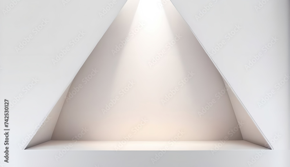 Poster An empty triangular niche or shelf in a light gray pearl wall for product presentation with beautiful built-in lighting.
