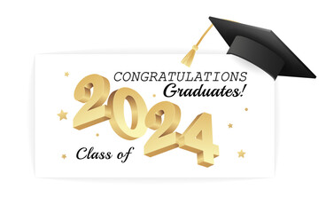 Class of 2024. Congratulations graduates gold graduation concept with 3d text and decorative elements. Graduation typography design template. Congrats graduates Flat style vector illustration