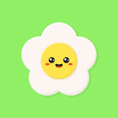 Kawaii flower flat illustration. White daisy with smiling face on green background.