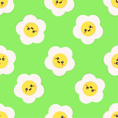 Kawaii flowers vector seamless pattern. White daisies with smiling faces on green background.