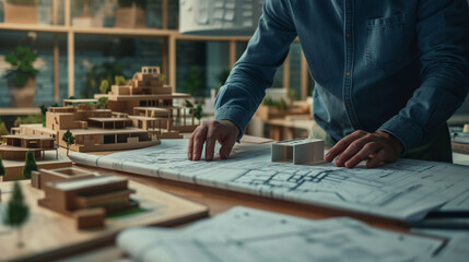 An architect examines detailed urban development blueprints over a physical model, planning for sustainable city growth in a modern studio environment.