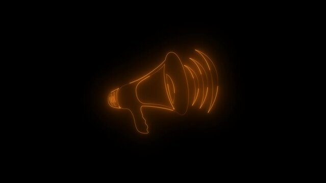 Neon glowing brown megaphone icon animation in black background
