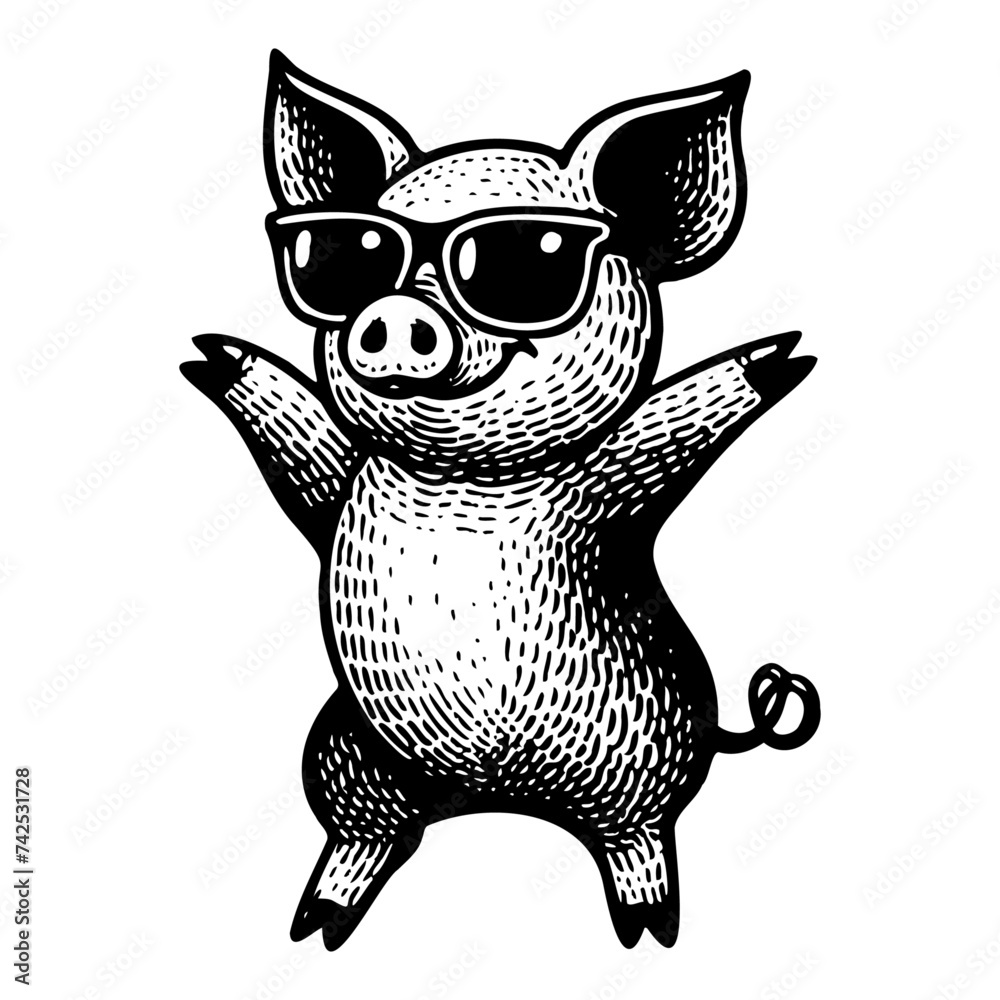 Wall mural dancing happy pig wearing cool sunglasses sketch