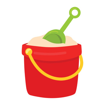 Sand in red bucket with shovel icon hand drawn vector illustration for summer kid toys and game