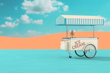 Foto op Plexiglas Ice Cream Tray Cart Trolley in the Abstract Desert Landscape. 3d Rendering © doomu