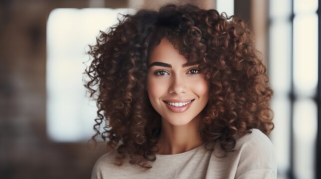 Close Up Portrait of a Multiethnic Brunette with Curly Hair and Brown Eyes. Happy Creative Young Woman Charmingly Smiling and Feeling Joyful. Thinking Up Ideas About Greater Future