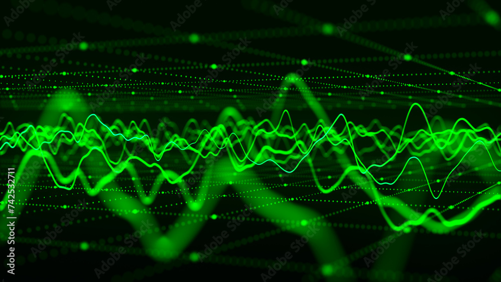 Poster wave of particles. futuristic pattern of dots and lines on a dark background. visualization of sound