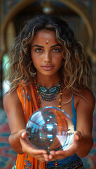 Naklejka premium a psychics reader hold a crystal ball, mysterious look, generative AI
