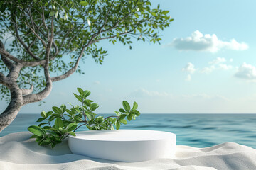 A white podium in round-shaped displayed on the sand with a big tree branch and some green tropical leaves