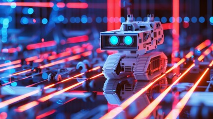 A toy robot with glowing blue eyes stands on a brightly lit circuit board, showcasing technology and play.