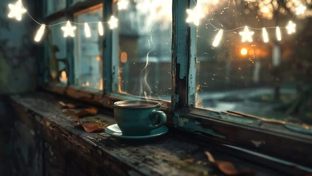 In a shady room, dew drops on the window witness the morning ritual with a cup of coffee that faithfully accompanies you. seamless looping time-lapse animation video background