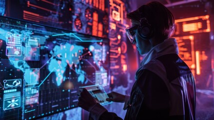 A technologist with augmented reality glasses interacts with a sophisticated digital dashboard displaying various data streams.