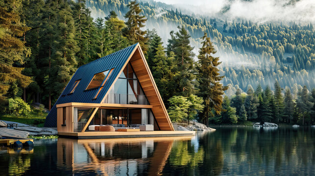 modern wooden triangular eco-friendly A-frame house on the lake shore against the backdrop of summer forest and mountains