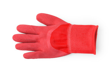One red gardening glove isolated on white, top view