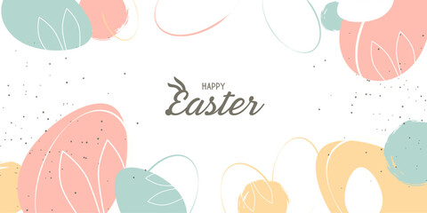 Happy Easter banner. Trendy Easter design with typography, hand painted strokes and dots, eggs and bunny in pastel colors. Modern minimal style. Horizontal poster, greeting card, header for website - obrazy, fototapety, plakaty