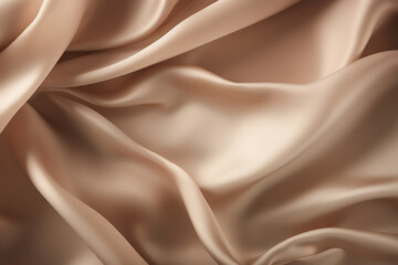 Processed collage of smooth wavy beige light brown satin silk cloth fabric texture. Background - obrazy, fototapety, plakaty