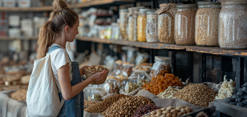 Young woman shopping in a sustainable bulk food store, choosing nuts and grains - 742536582