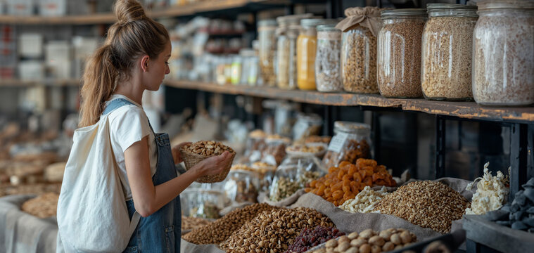 Young woman shopping in a sustainable bulk food store, choosing nuts and grains