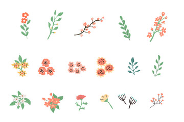 Spring set of flowers and branches - floral elements for design. Vector illustration in flat style. Spring animals and branches, birdhouses can used for cards, stickers, posters, templates. banners