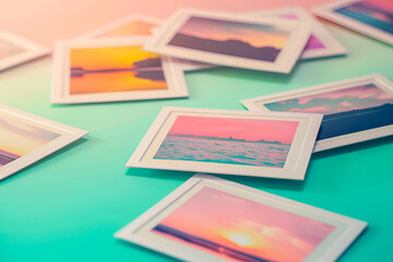 Instant photo pictures on pastel green background