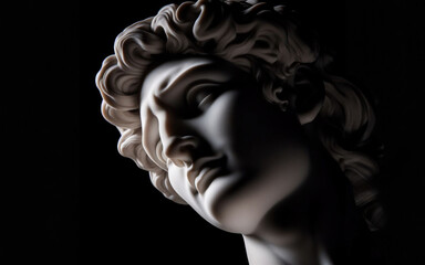 Head and shoulders detail of the ancient man with beard sculpture. Antique face with whiskers statue on black background