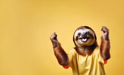 Fototapeta premium Banner with happy sloth folded paws showing hallelujah gesture looking good.