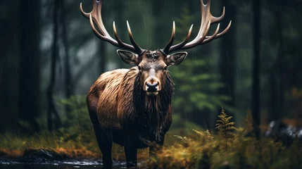 Stoff pro Meter Elchbulle Detail portrait of elk or Moose, Alces alces in the dark forest during rainy day. Beautiful animal in the nature habitat. Wildlife scene from Sweden