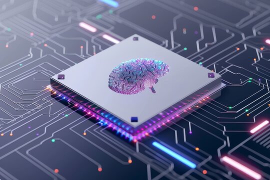 AI Brain Chip neurological. Artificial Intelligence and mind compound semiconductors axon. Semiconductor multi store model circuit board audio processing